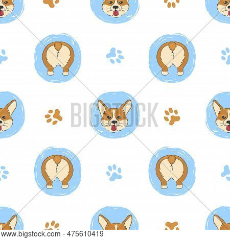 Seamless Polka Dot Pattern With Cute Corgi Butt And Face. Vector Cartoon Dog Background
