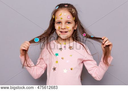 Beautiful Cute Little Girl Covered Colorful Kid's Stickers Standing Isolated Over Gray Background Pu