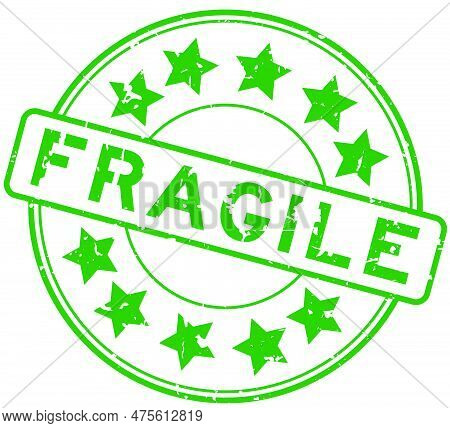 Grunge Green Fragile Word With Star Icon Round Rubber Seal Stamp On White Background
