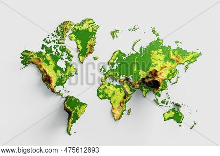 3d World Map Shaded Relief Hypsometric Map Isolated On White Background, 3d Illustration