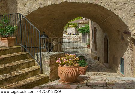 Castello Di Postignano, Italy - April 30, 2023: Cat In The Old Alley Of Postignano Castle In Umbria 