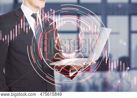 Unrecognizable Businessman Using Laptop With Glowing Skull Hologram On Blurry Office Interior Backgr