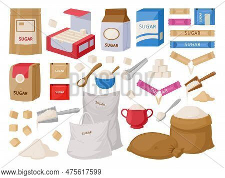 Cartoon Sugar, Cane Sugar Cubes, Sweet Cooking Product. Granulated Fructose In Spoon, Bowl Or Bag, S