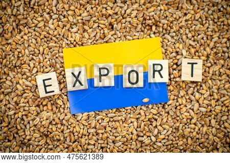 Ukraine's Grain Exports Are Questionable. The Word Exports And The Flag Of Ukraine On The Background