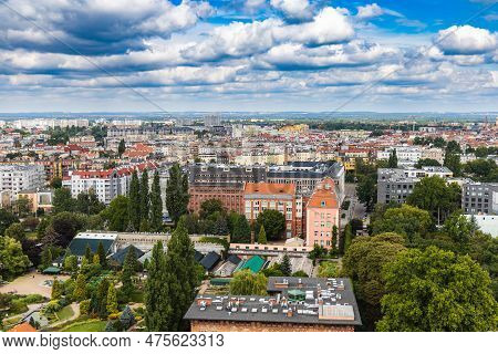 Wroclaw, Poland - August 2022: Wide Panorama Of Wroclaw City Seen From Viewing Platform On Top Of Ca