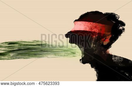 Brushy Expressionistic Illustration Of Man Screaming In Rage, Hate Speech Spewing From His Mouth.