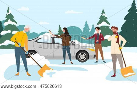 People Cleaning Road From Snow. Men And Women With Shovels And Mops Outdoor With Burried Car. Street