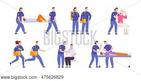 First Aid Procedures. Paramedic Worker Rescue Patients On Stretcher In Emergency Situation, Cpr Trai