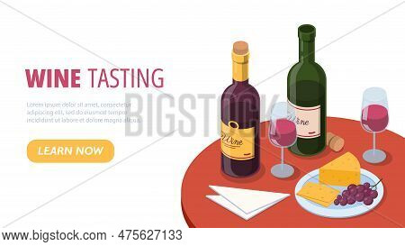 Isometric Wine Concept. Two Bottles Next To Glasses Of Cheese And Grapes. Rabolta Sommelier, Testing