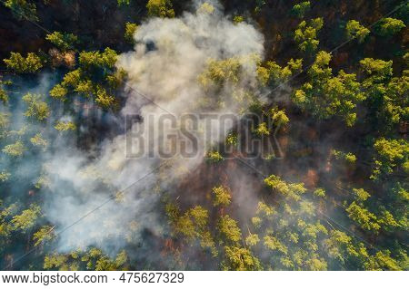 Aerial Drone View Of A Wildfire In Forested
