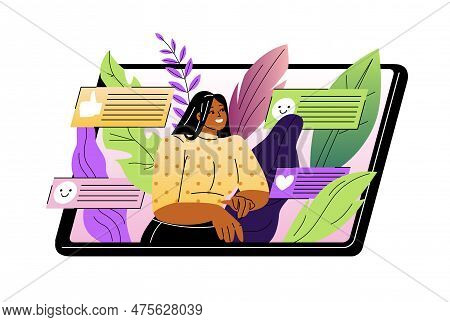 Online Service Or Platform. Girl Peeking Out From Tablet Screen And Using App For Feedback, Rating A
