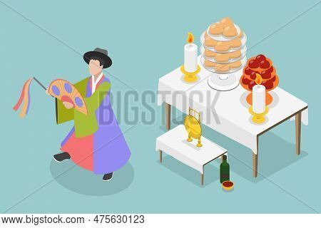 3d Isometric Flat Vector Conceptual Illustration Of Korean Shaman, Performing A Ancestral Rite