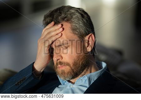Tired, Headache And Eye Strain. Businessman With Stress, Burnout And Fatigue Eyestrain. Mature Middl