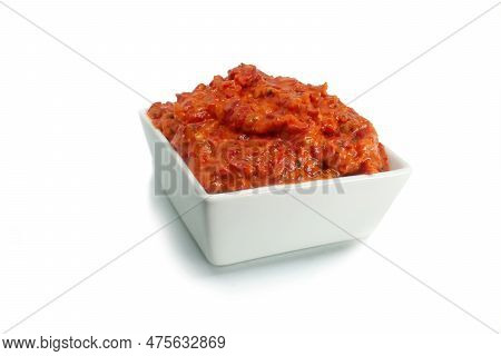 Ajvar Roasted Red Peppers Spread In A Bowl Isolated On White Background Top View High Quality Detail