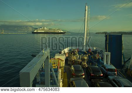 Kerkyra, Corfu Island, Greece. 21 October  2021. Ferryboat Sailing From Corfu To Igoumenitsa, Greece