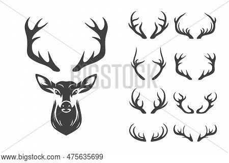 Vector Christmas Reindeer Horns, Antlers. Deer Horn Silhouettes. Hand Drawn Deers Horn, Antler Set. 