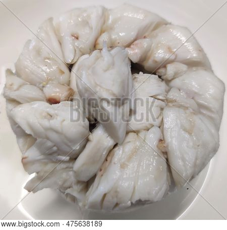 Full Plate Of Steamed Fresh Stone Crab Meat, Cheliped Of The Crab, Prepared Raw Shell Animal At Home