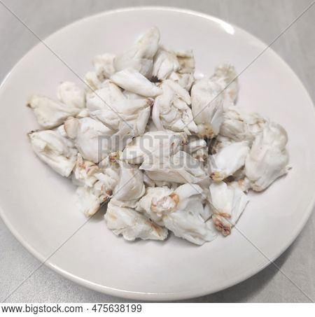 Full Plate Of Steamed Fresh Stone Crab Meat, Cheliped Of The Crab, Prepared Raw Shell Animal At Home