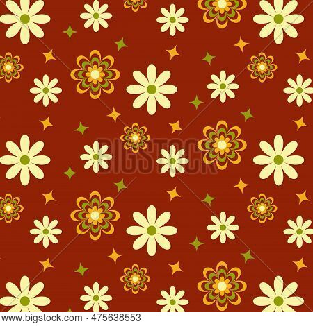 Pattern Groovy Trippy Daisy. 70s Vibes Floral Background. Seamless Pattern For Tablecloth, Oilcloth,