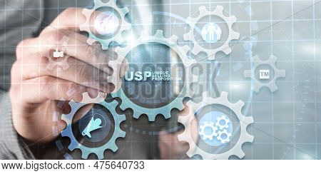 Unique Selling Point. Hand Touching Usp Inscription, New Technology Concept