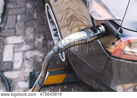 Charging Station For Electric Cars. Types And Connectors Of Ports For Charging Vehicles.