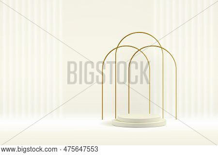 White Product Podium Background With Tripple Golden Arch. Premium Abstract Beige Vector Beauty Exhib