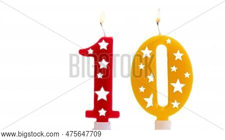 Birthday Candle Burning On White Background, Colorful Number 10, 10th Birthday Isolated On White Fes