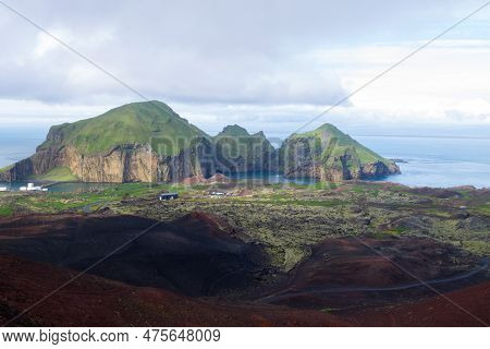 Heimaey Town Aerial View From Eldfell Volcano.