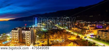 Gagra, Abkhazia, Georgia - 09 April, 2023: Night Panoramic View On New Gagra, Abkhazia. Gagra Sprawl