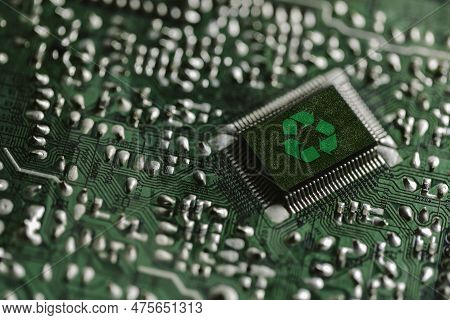 Environment Green Technology Computer Chip. Green World Icon On Circuit Board Technology Innovations