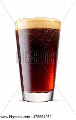 Shaker Pint Glass Of Fresh Delicious Dark Stout Beer With Cap Of Foam Isolated On White Background.