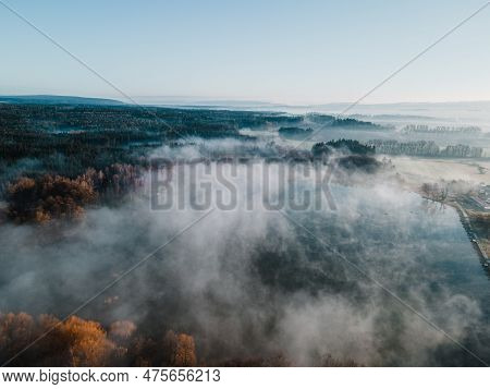 Morning Scenery Of Lake, Forest And Atmospheric Fogg. Svitavy, Czech Republic.