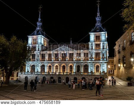 Toledo, Spain - Oct 08, 2022: City Hall Ayuntamiento De Toledo At Night At Toledo Town Hall Square, 