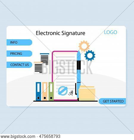 Electronic Signature And Smart Contract Service Landing Page. Vector Illustration. Agreement Sign, E