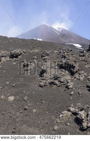 Volcano Mount Etna With Smoking Peak Of Main Crater. Etna Is Active Stratovolcano, Tallest And Large
