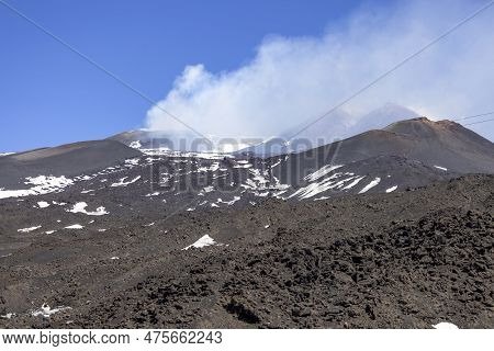 Volcano Mount Etna With Smoking Peak Of Main Crater. Etna Is Active Stratovolcano, Tallest And Large