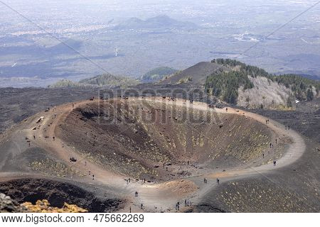 Mount Etna, Sicily, Italy - April 27, 2023: People Walking Above The Crater Silvestri On The Slope O