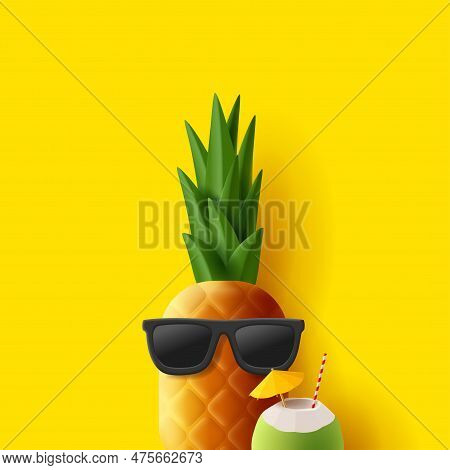 Cute And Funny Pineapple In Sunglasses And Coconut Cocktail With Strae And Umbrella, 3d Render Illus