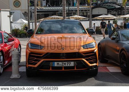 Monte-carlo, Monaco, April 20th 2023:- A Lamborghini Parked Near The Monte Carlo Casino