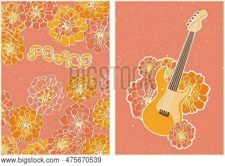 Abstract Background In Retro Style With Flowers And The Inscription Peace. Poster With A Guitar In F