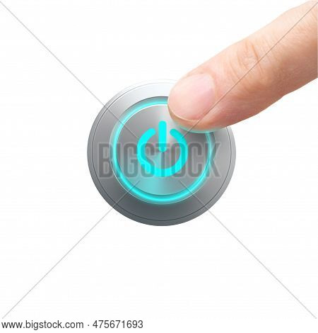 Finger About To Press A Power Button Isolated On White Background