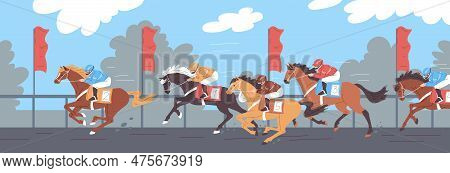 Horse Racing Scenery With Jockeys On Horses, Flat Vector Illustration.