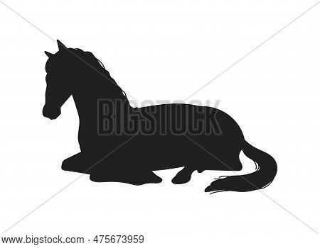 Black Silhouette Of Lying Horse Flat Style, Vector Illustration