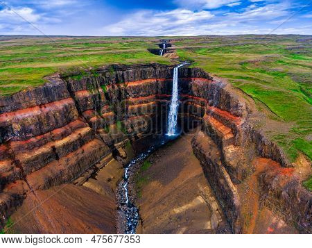 Aerial View Icelandic Summer Landscape Of The Aldeyjarfoss Waterfall In North Iceland. The Waterfall