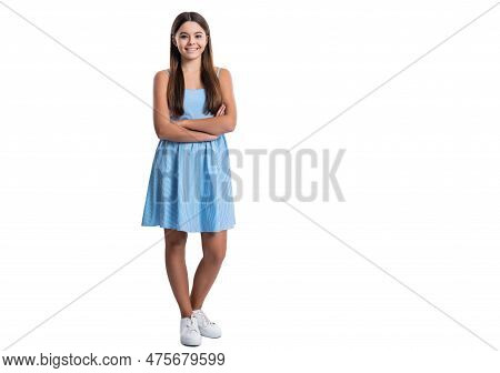 Teen Girl In Summer Dress At Studio, Copy Space. Teen Girl In Summer Dress On Background.