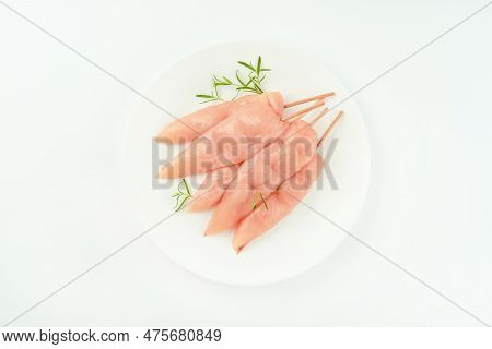 Chicken Skewers.food Concept.skewers From Raw Chicken Meat Inner Fillet On A White Plate For A Super