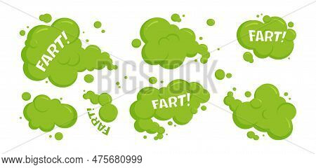 Fart Cloud Icon, Bad Smell Smoke Set, Dirty Odor, Green Toxic Gas, Cartoon Stink Odour Isolated On W