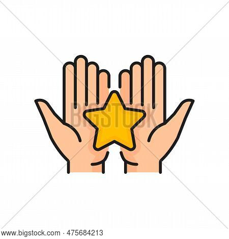 Gold Star In Hands Icon, Vector Quality Rating. Customer Satisfaction Review And Client Feedback Of 