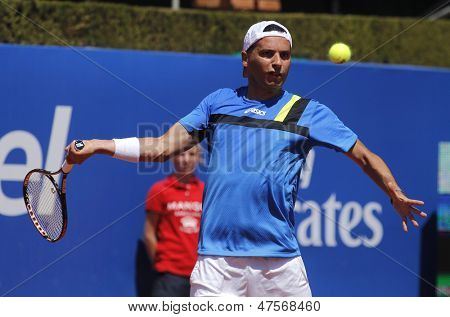 BARCELONA - APRIL, 24: Spanish tennis player Albert MontaÃ?ÃÂ±es during  a match of Barcelona tennis tournament Conde de Godo on April 24, 2013 in Barcelona