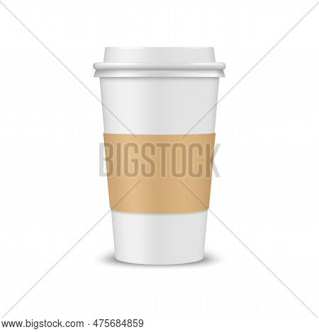 Realistic Coffee Cup 3d Vector Mockup, Disposable Paper Container With Plastic Lid And Brown Holder.